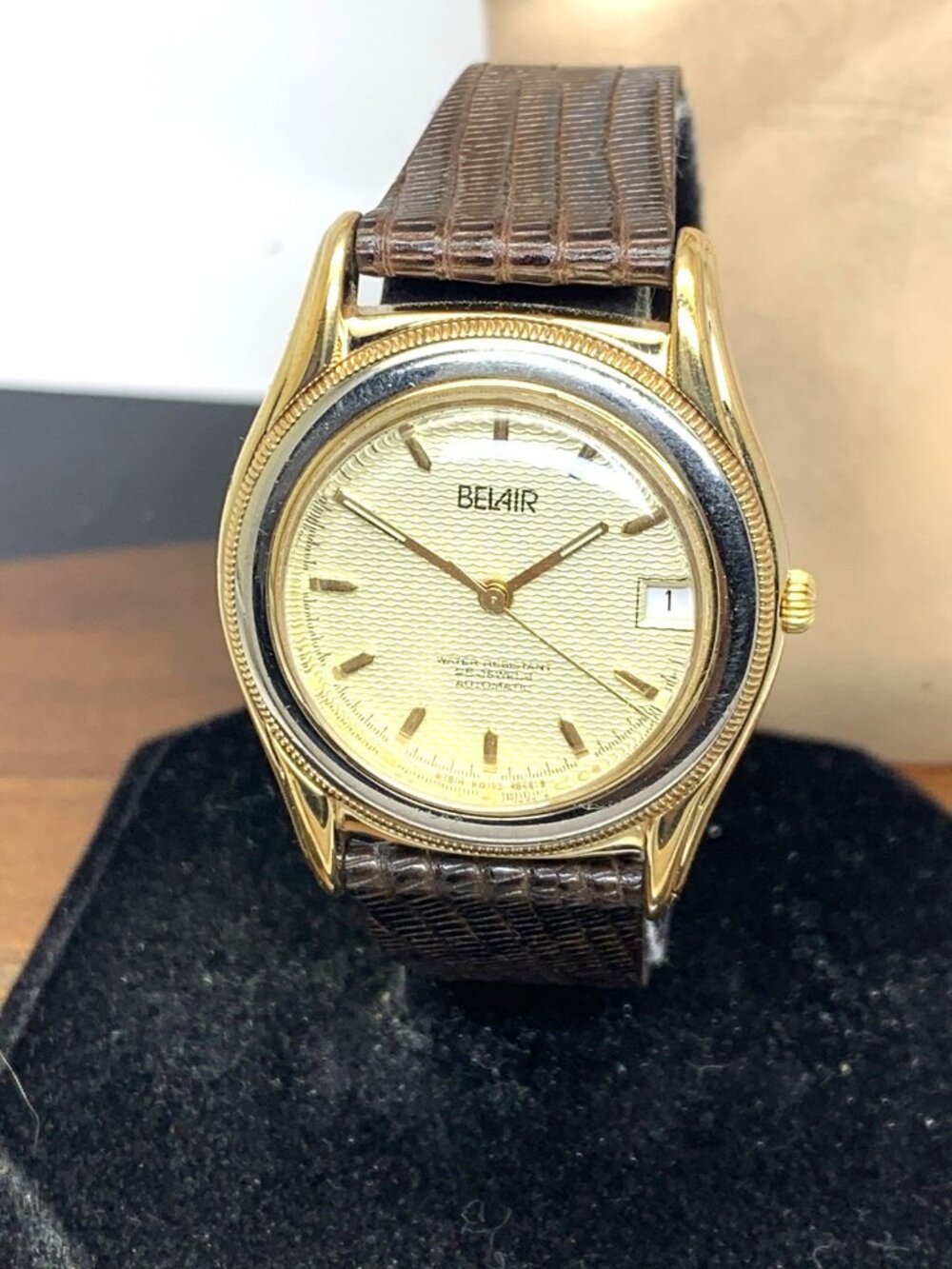 Belair Men's Watch Swiss Automatic 18k Gold Electroplate Case Brown Leather 34mm